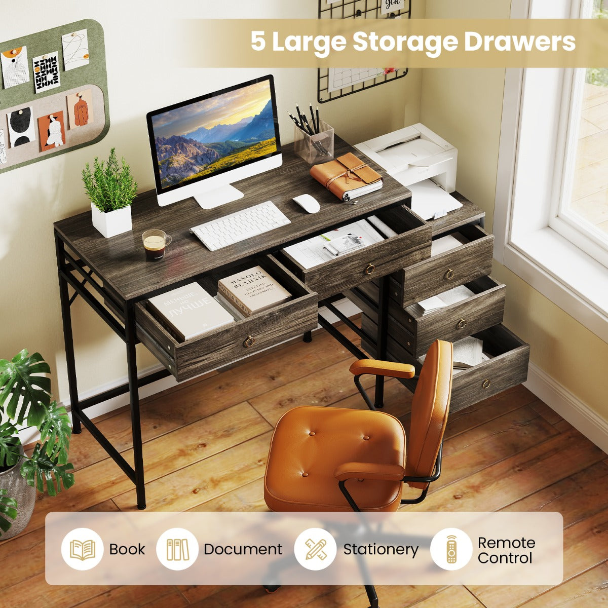 Home Office Computer Desk with 5 Drawers and Side File Cabinet-Grey