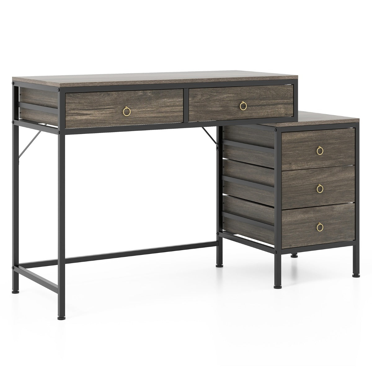 Home Office Computer Desk with 5 Drawers and Side File Cabinet-Grey