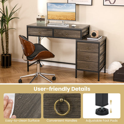 Home Office Computer Desk with 5 Drawers and Side File Cabinet-Grey