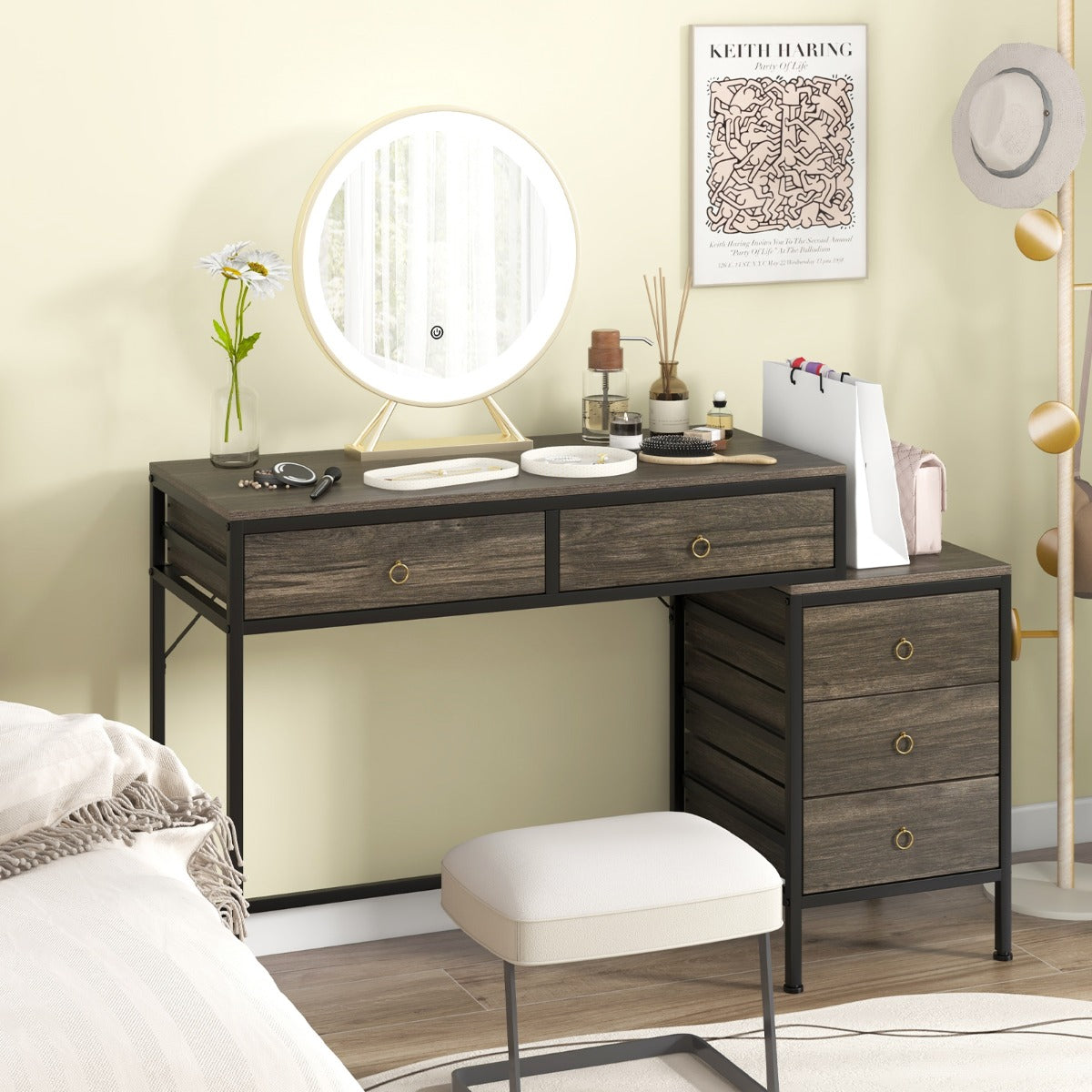 Home Office Computer Desk with 5 Drawers and Side File Cabinet-Grey