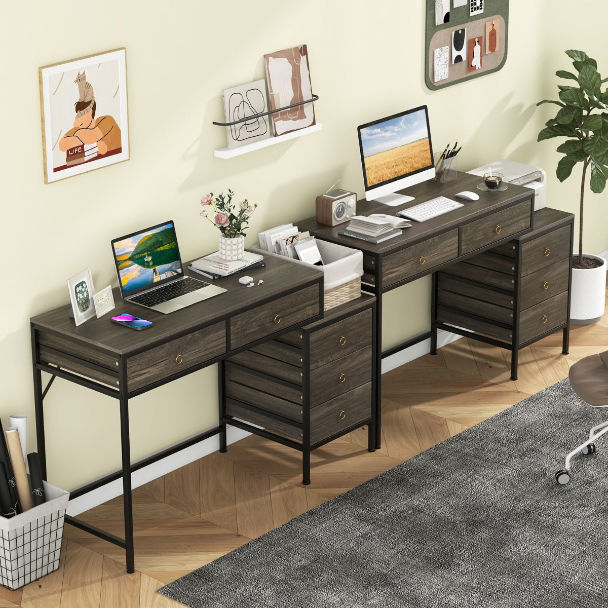 Home Office Computer Desk with 5 Drawers and Side File Cabinet-Grey