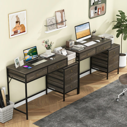 Home Office Computer Desk with 5 Drawers and Side File Cabinet-Grey