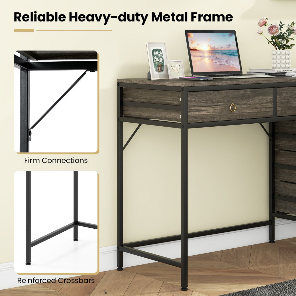 Home Office Computer Desk with 5 Drawers and Side File Cabinet-Grey