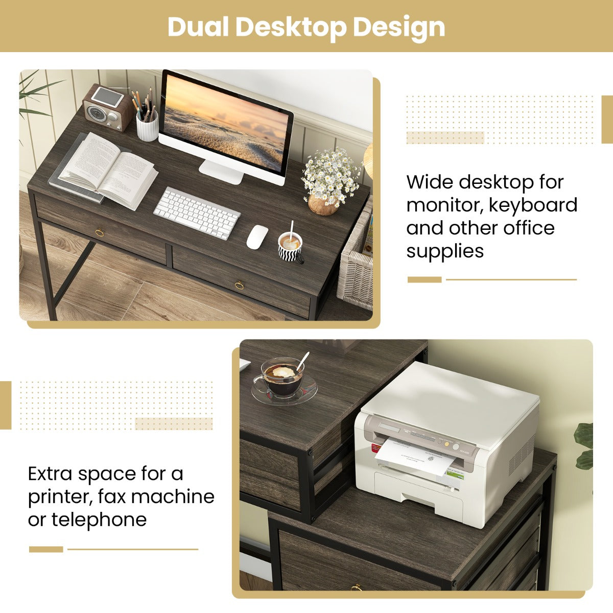 Home Office Computer Desk with 5 Drawers and Side File Cabinet-Grey