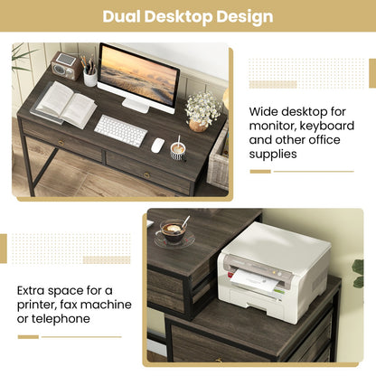 Home Office Computer Desk with 5 Drawers and Side File Cabinet-Grey