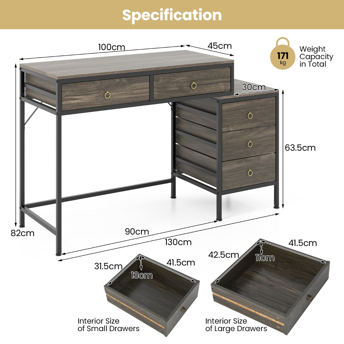 Home Office Computer Desk with 5 Drawers and Side File Cabinet-Grey