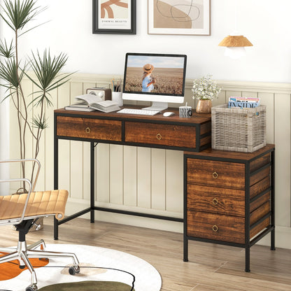 Home Office Computer Desk with 5 Drawers and Side File Cabinet-Rustic Brown