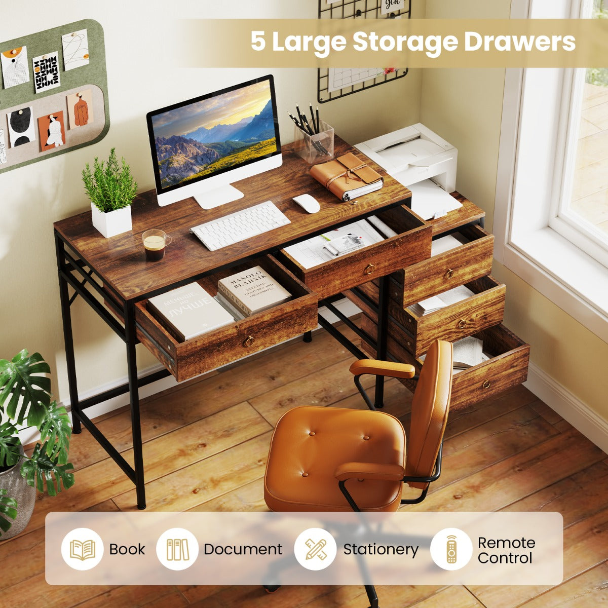 Home Office Computer Desk with 5 Drawers and Side File Cabinet-Rustic Brown