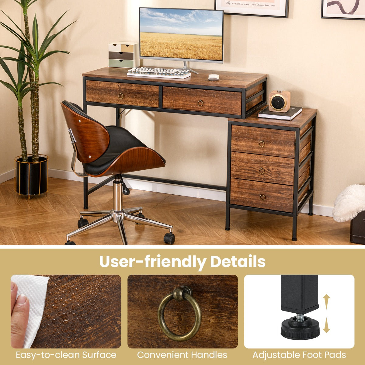 Home Office Computer Desk with 5 Drawers and Side File Cabinet-Rustic Brown