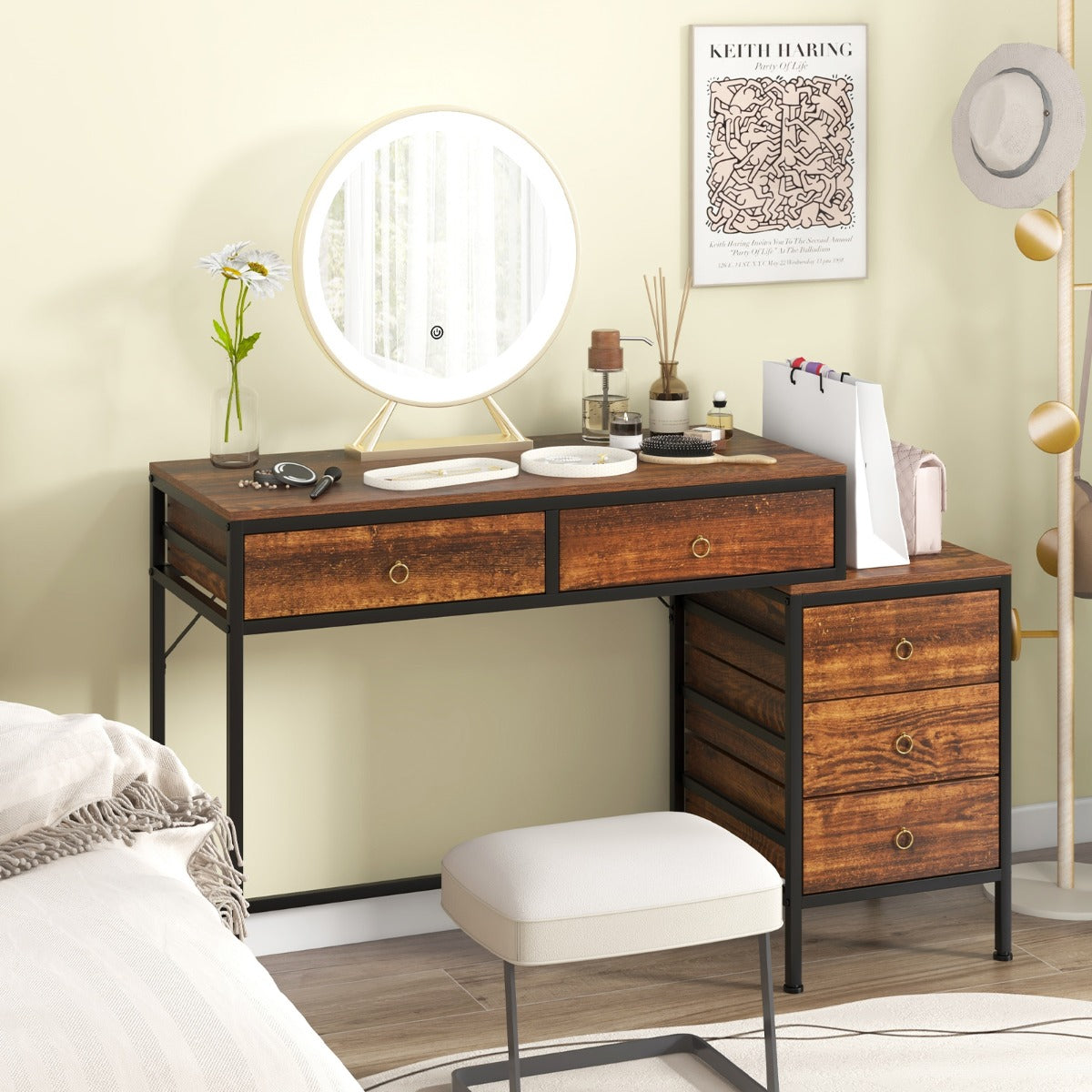 Home Office Computer Desk with 5 Drawers and Side File Cabinet-Rustic Brown