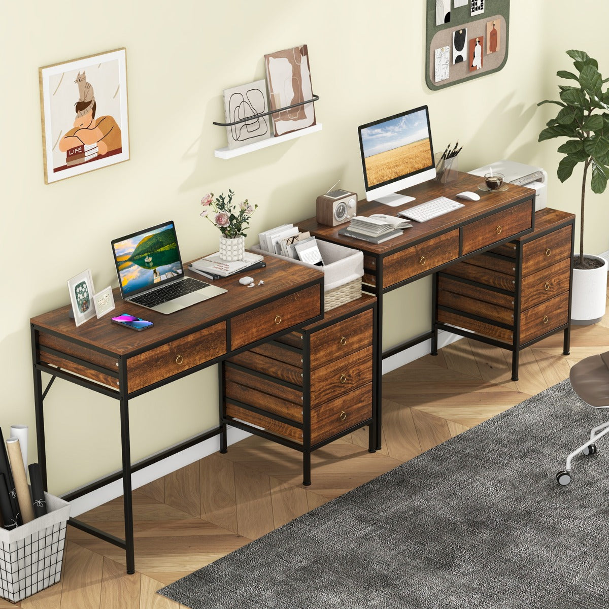 Home Office Computer Desk with 5 Drawers and Side File Cabinet-Rustic Brown