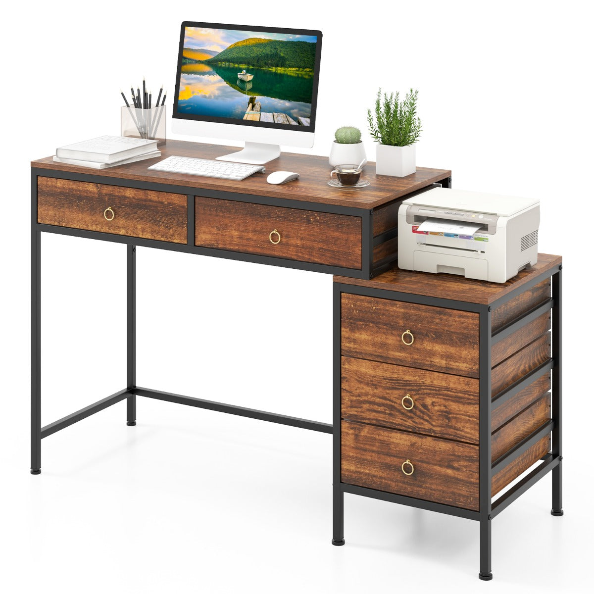 Home Office Computer Desk with 5 Drawers and Side File Cabinet-Rustic Brown