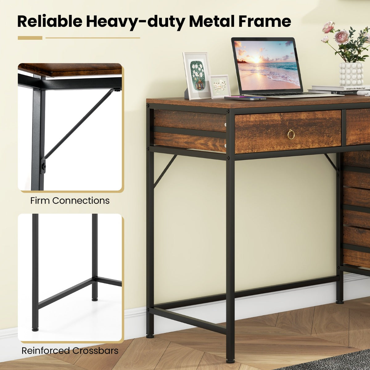 Home Office Computer Desk with 5 Drawers and Side File Cabinet-Rustic Brown