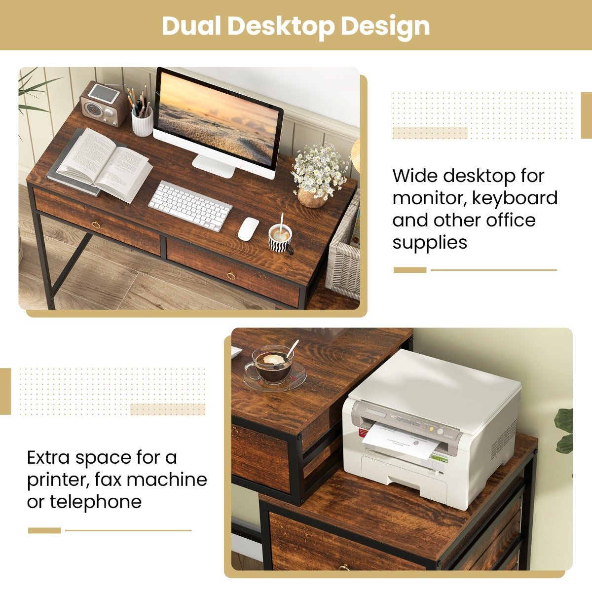 Home Office Computer Desk with 5 Drawers and Side File Cabinet-Rustic Brown