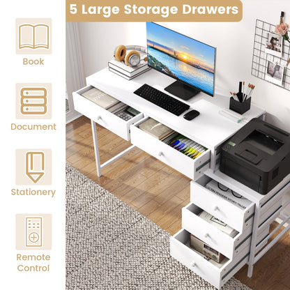 Home Office Computer Desk with 5 Drawers and Side File Cabinet-White