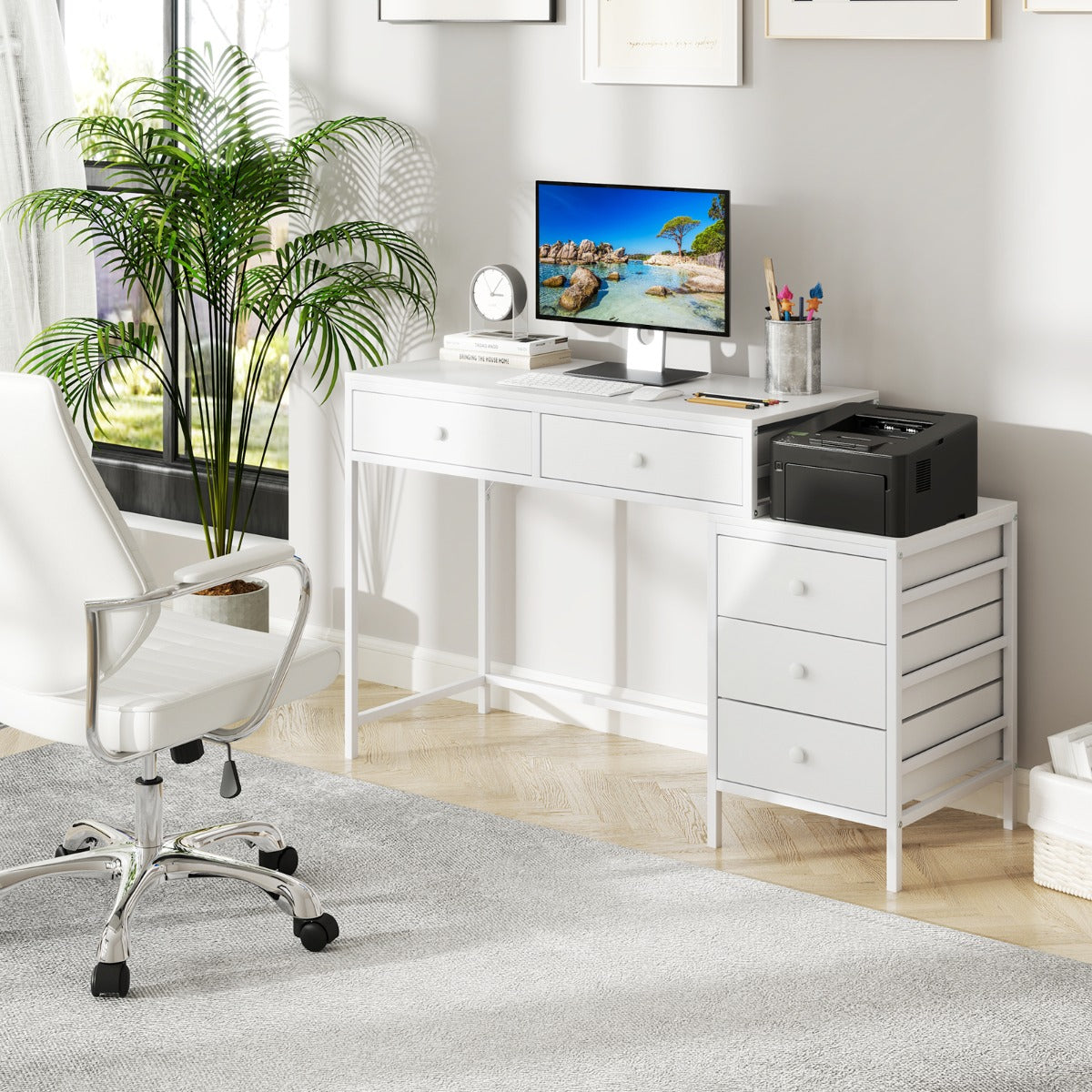 Home Office Computer Desk with 5 Drawers and Side File Cabinet-White