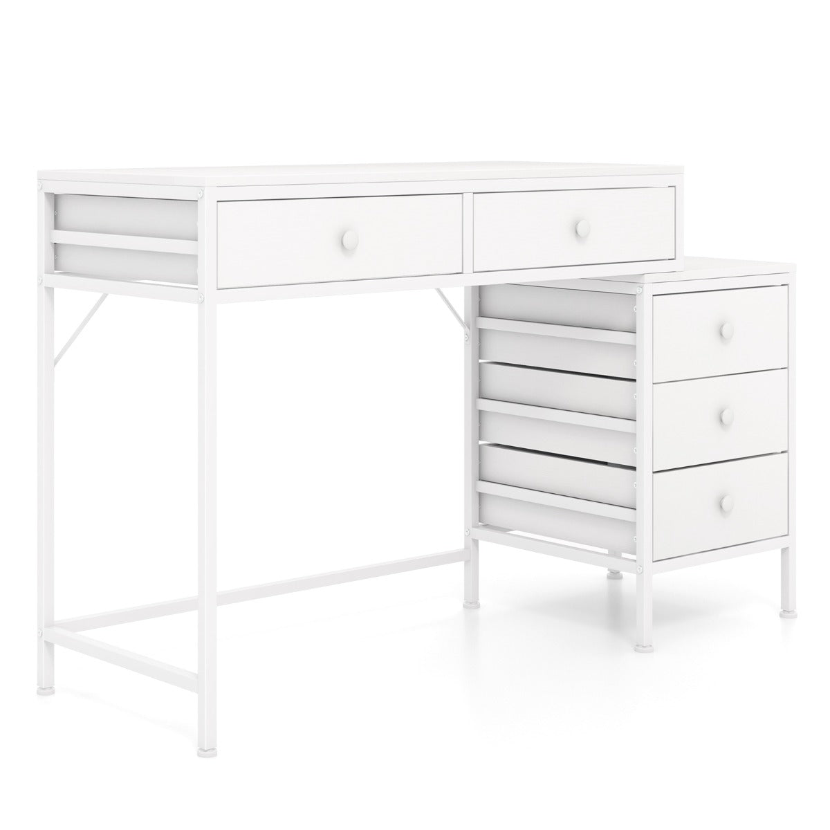 Home Office Computer Desk with 5 Drawers and Side File Cabinet-White