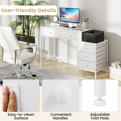 Home Office Computer Desk with 5 Drawers and Side File Cabinet-White