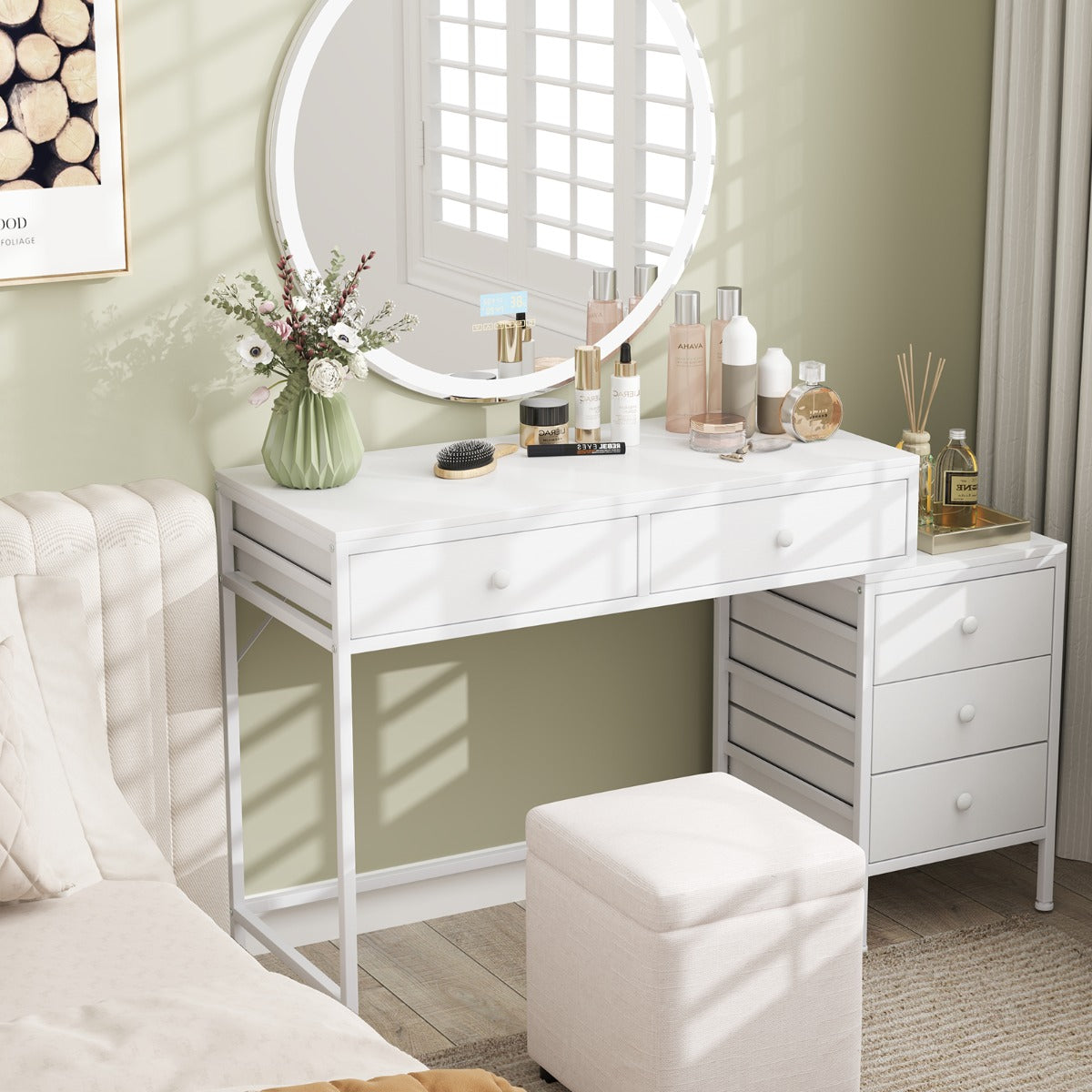 Home Office Computer Desk with 5 Drawers and Side File Cabinet-White