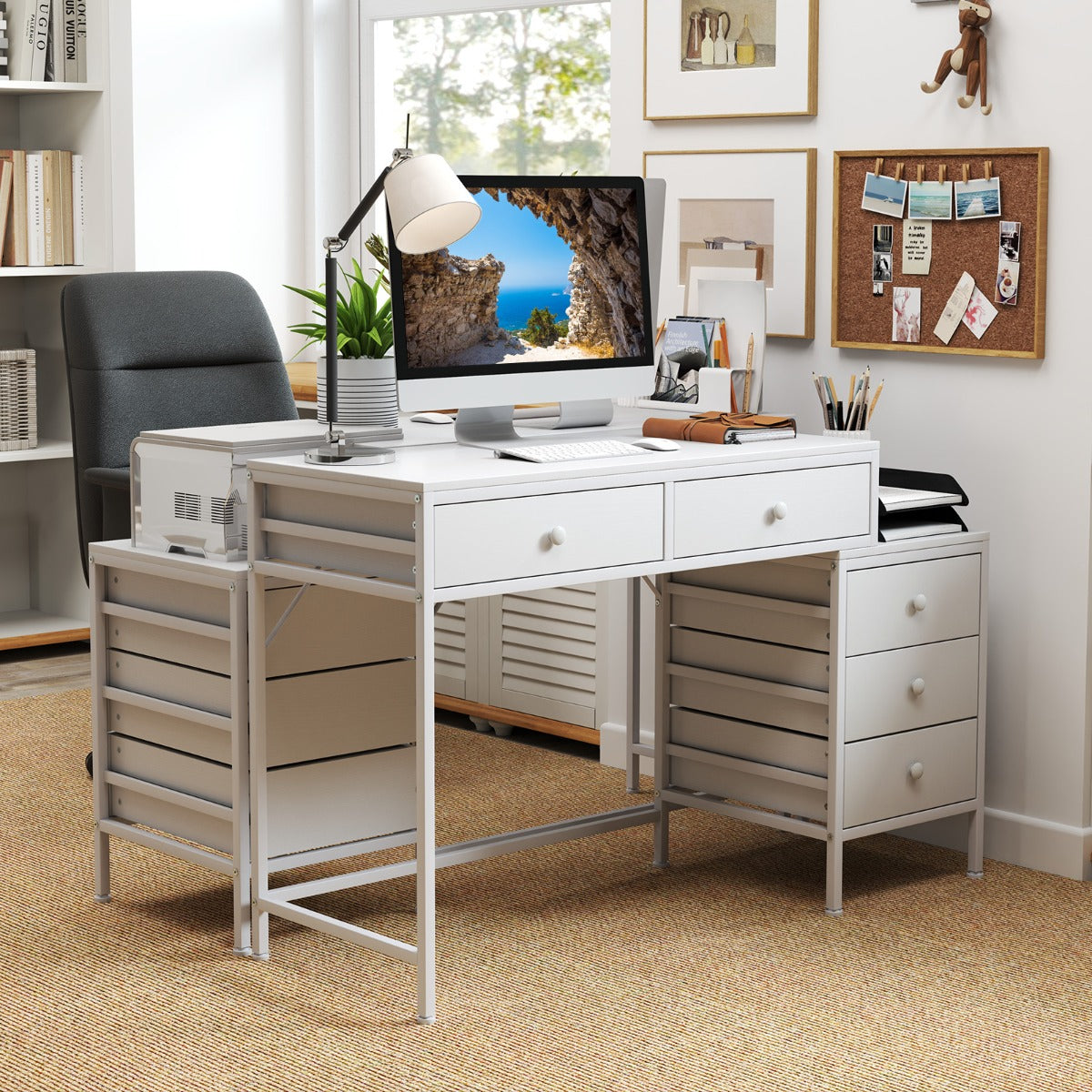 Home Office Computer Desk with 5 Drawers and Side File Cabinet-White