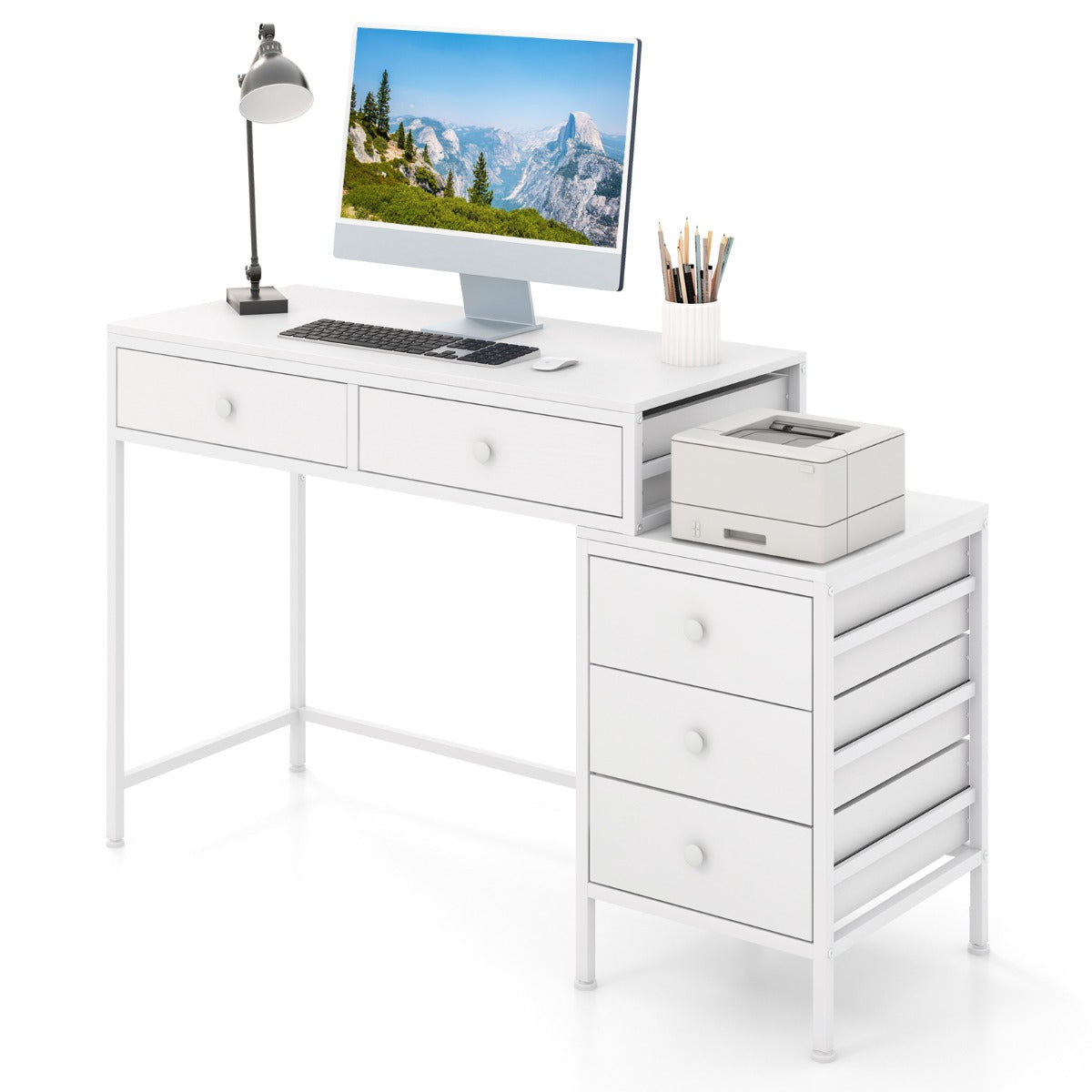 Home Office Computer Desk with 5 Drawers and Side File Cabinet-White