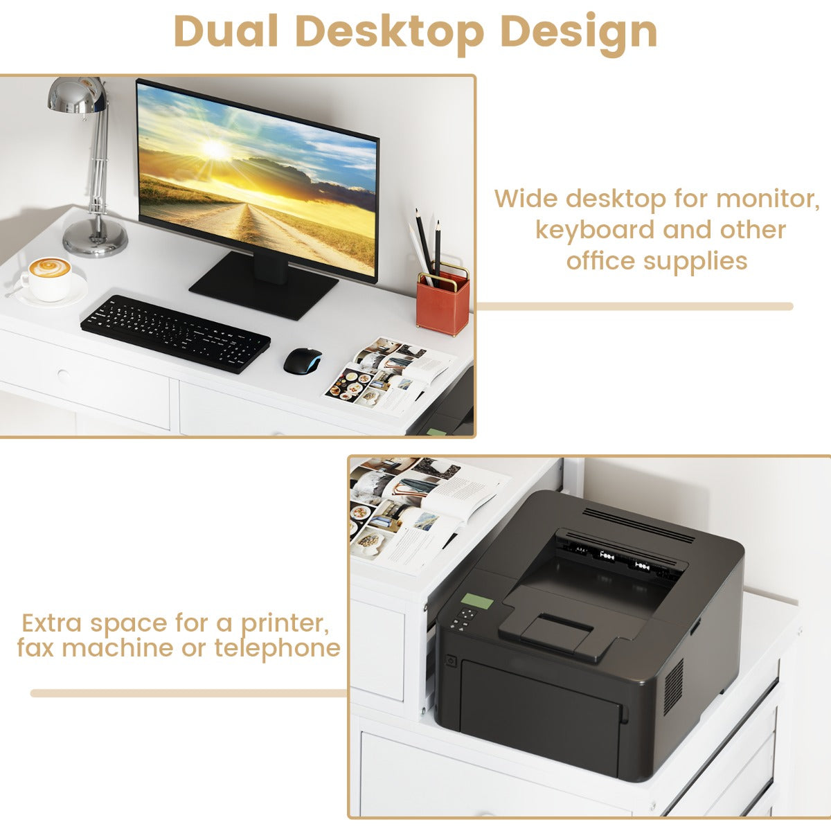Home Office Computer Desk with 5 Drawers and Side File Cabinet-White