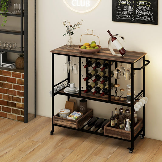 Costway Home Serving Cart on Wheels with Glass Racks for Kitchen Dining Room and Living Room-Brown
