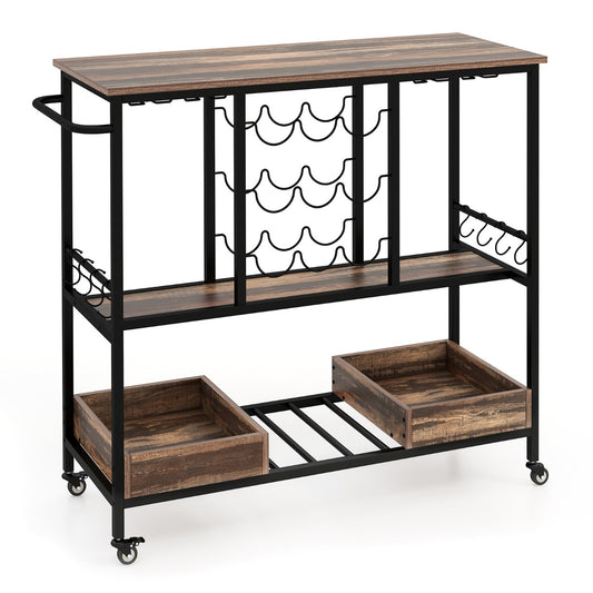 Costway Home Serving Cart on Wheels with Glass Racks for Kitchen Dining Room and Living Room-Brown
