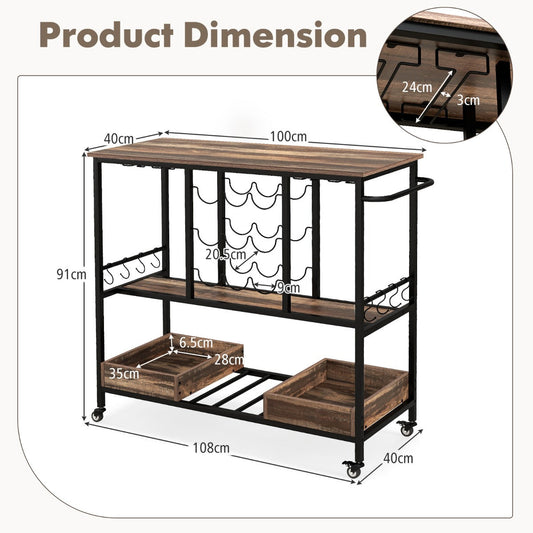 Three-tier rolling bar cart with glass racks and bottle holders for wine storage