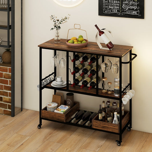 Costway Home Serving Cart on Wheels with Glass Racks for Kitchen Dining Room and Living Room-Rustic Brown