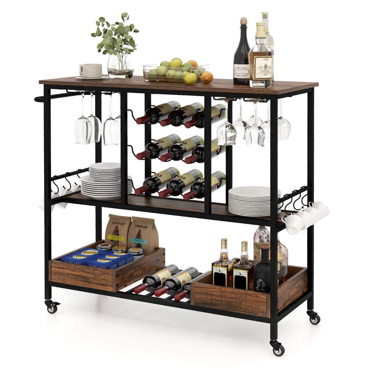 Costway Home Serving Cart on Wheels with Glass Racks for Kitchen Dining Room and Living Room-Rustic Brown