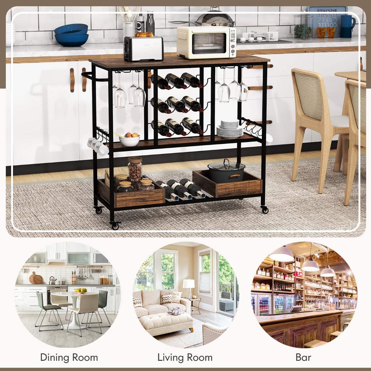 Costway Home Serving Cart on Wheels with Glass Racks for Kitchen Dining Room and Living Room-Rustic Brown