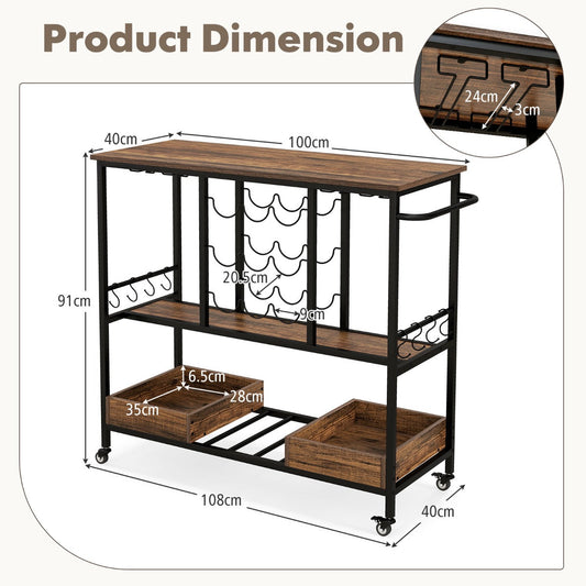 Three-tier rolling bar cart with glass racks and bottle holders for wine storage