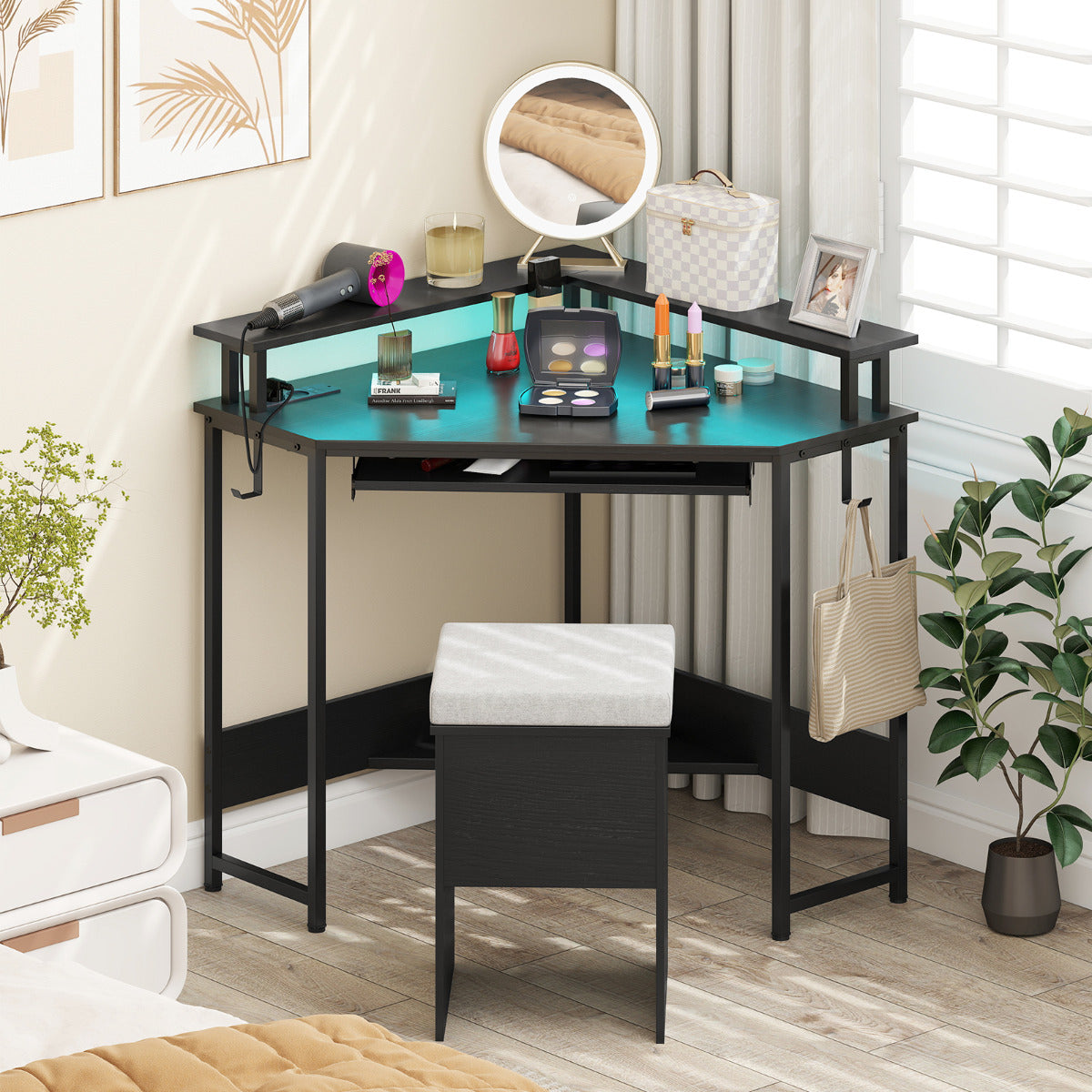 Home Triangle Gaming Desk with LED and Charging Station for Small Space-Black