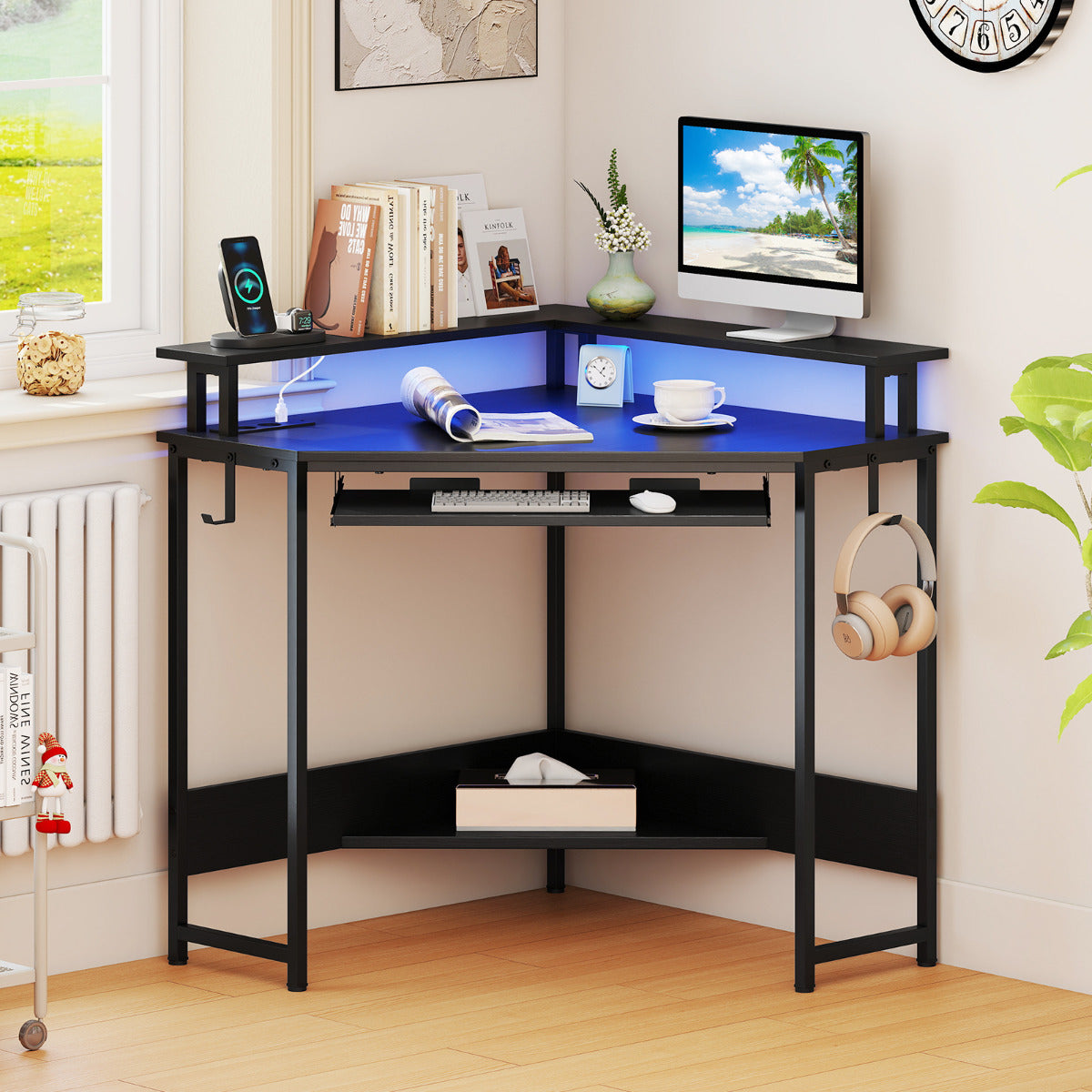 Home Triangle Gaming Desk with LED and Charging Station for Small Space-Black