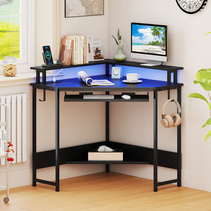 Home Triangle Gaming Desk with LED and Charging Station for Small Space-Black