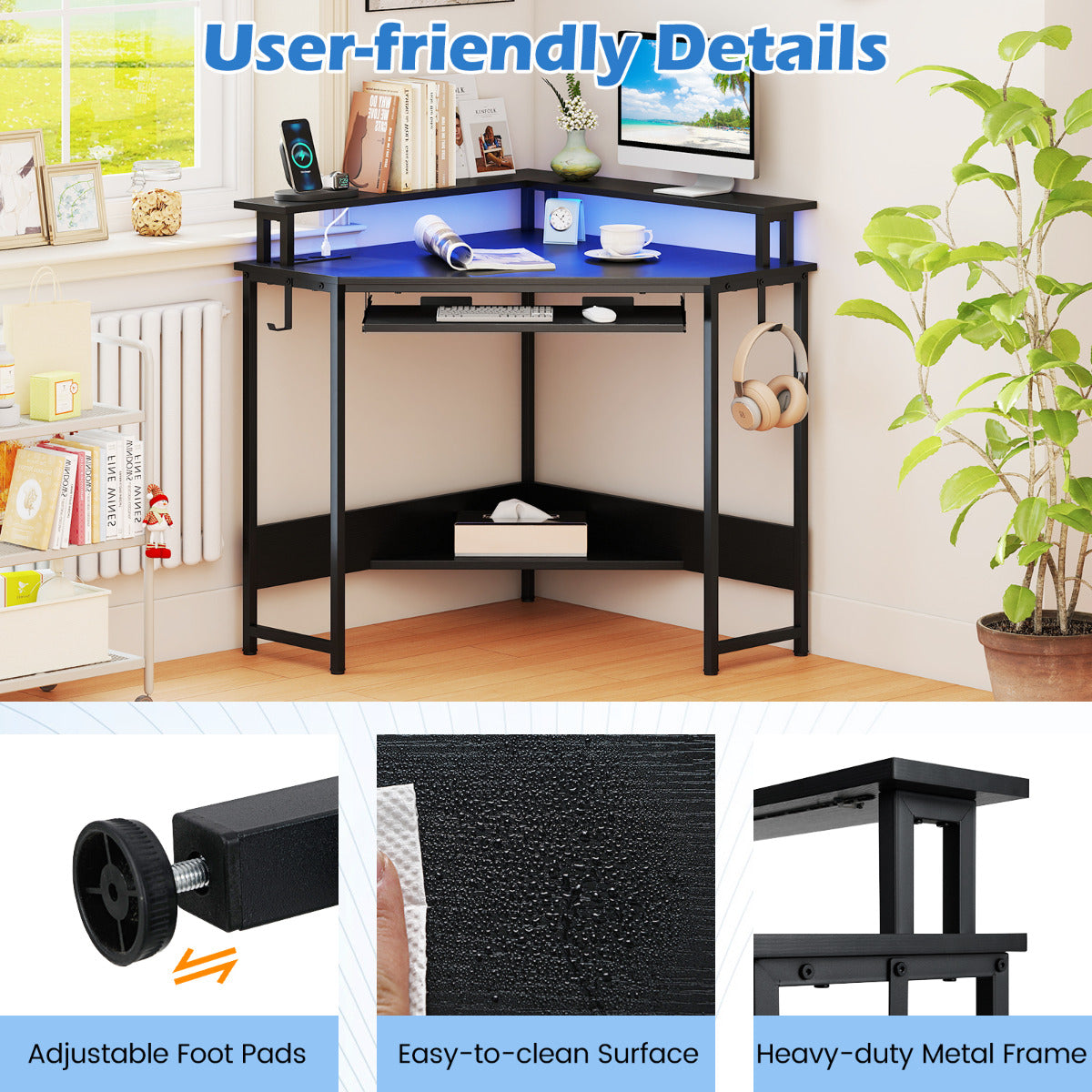 Home Triangle Gaming Desk with LED and Charging Station for Small Space-Black