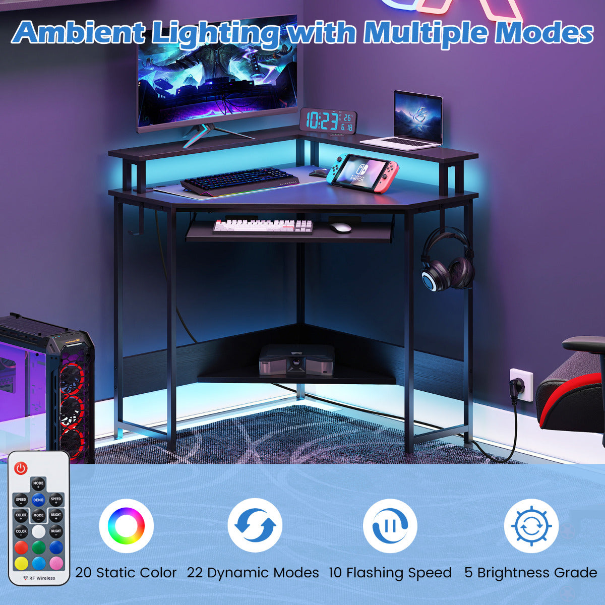 Home Triangle Gaming Desk with LED and Charging Station for Small Space-Black