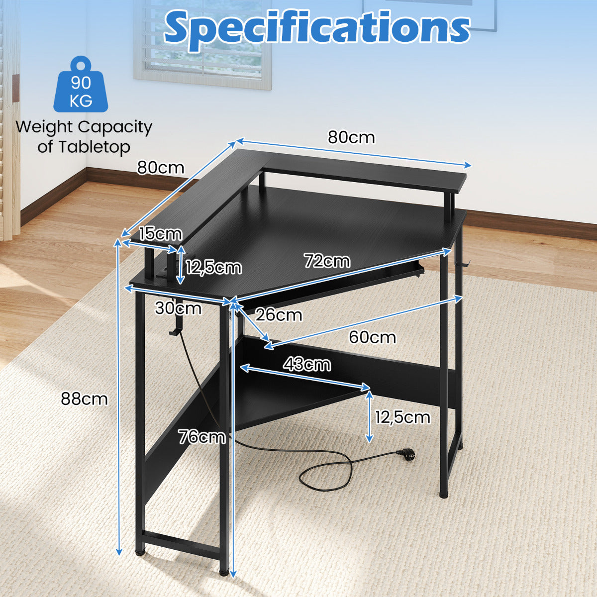 Home Triangle Gaming Desk with LED and Charging Station for Small Space-Black