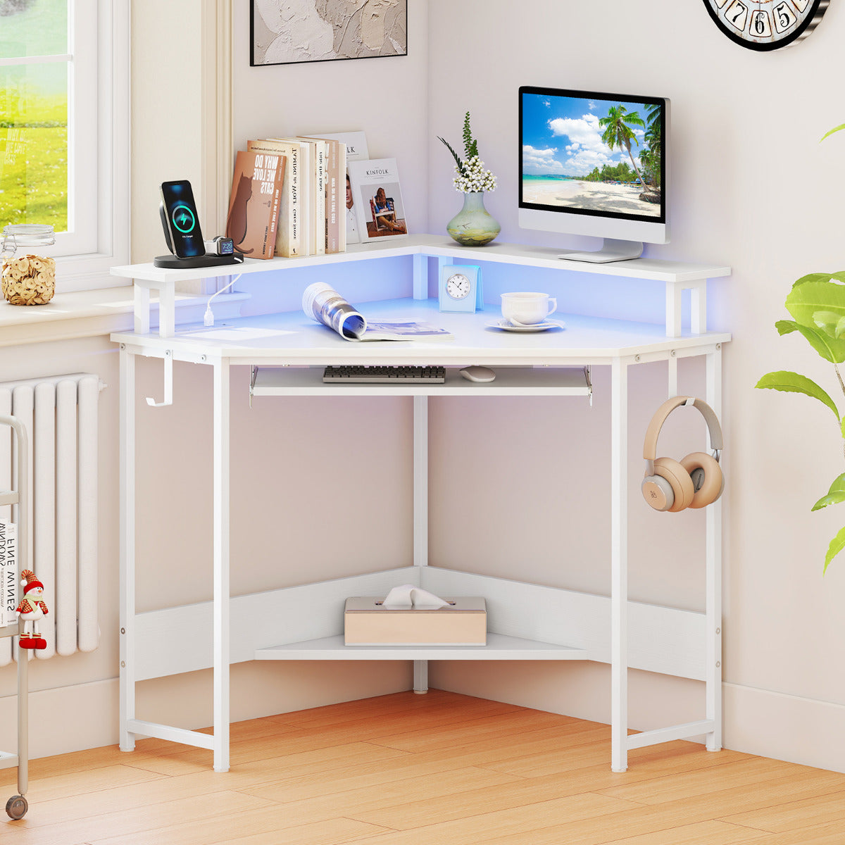 Home Triangle Gaming Desk with LED and Charging Station for Small Space-White