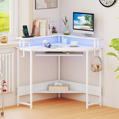 Home Triangle Gaming Desk with LED and Charging Station for Small Space-White