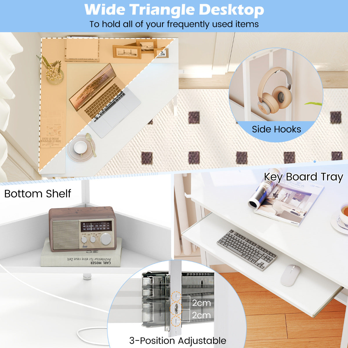 Home Triangle Gaming Desk with LED and Charging Station for Small Space-White