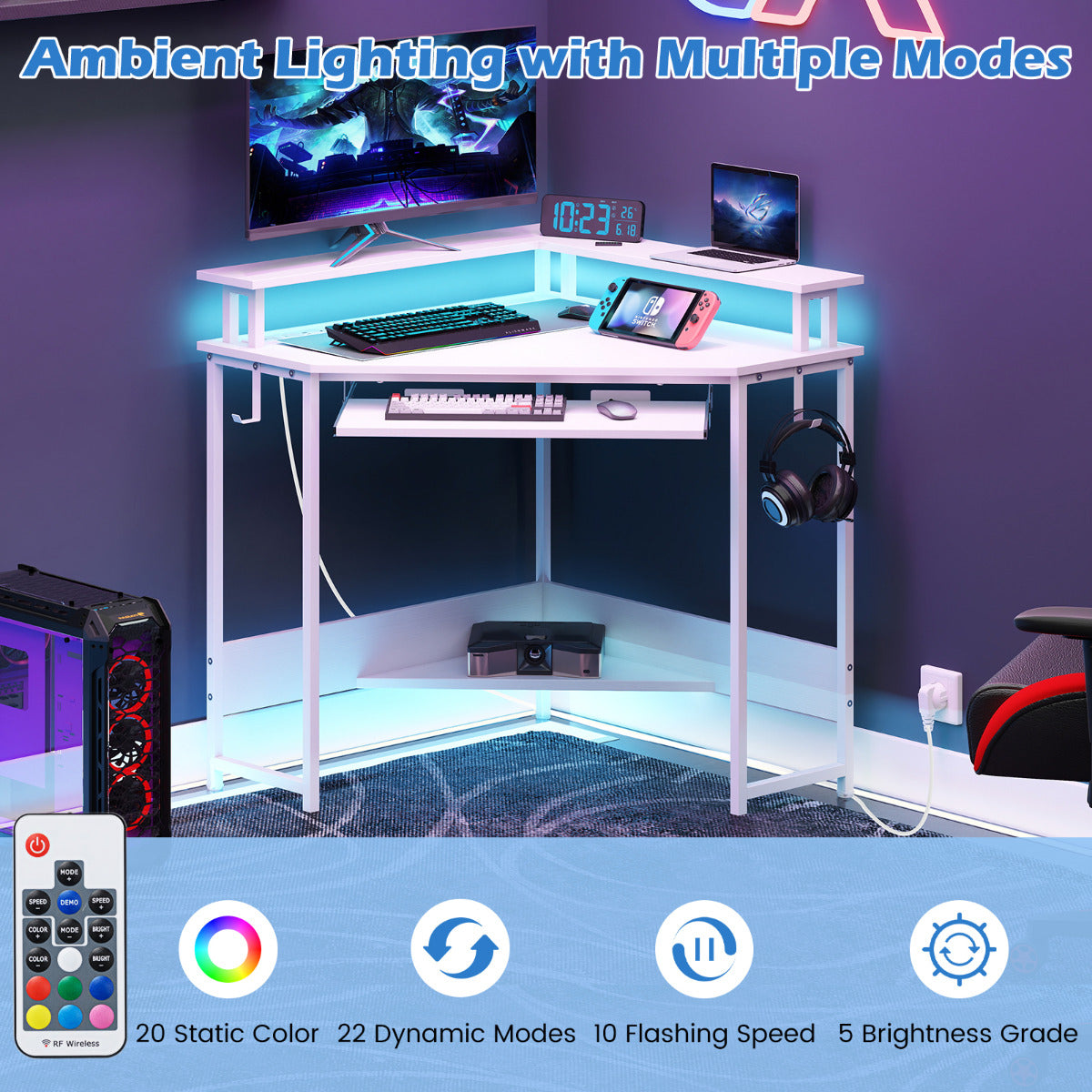 Home Triangle Gaming Desk with LED and Charging Station for Small Space-White