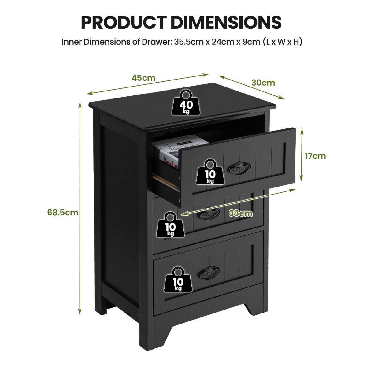 3-Drawer Vintage Bedside Table with Metal Handles &amp;amp;amp; Anti-toppling Device-Black