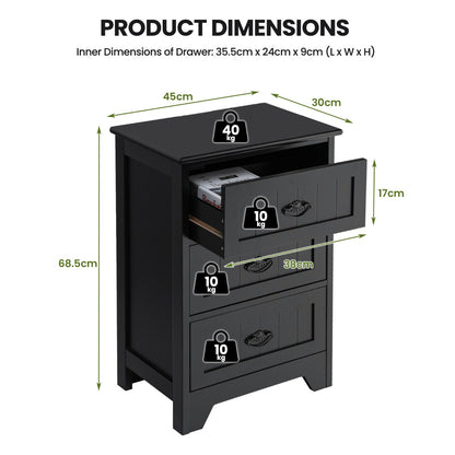 3-Drawer Vintage Bedside Table with Metal Handles &amp;amp;amp; Anti-toppling Device-Black
