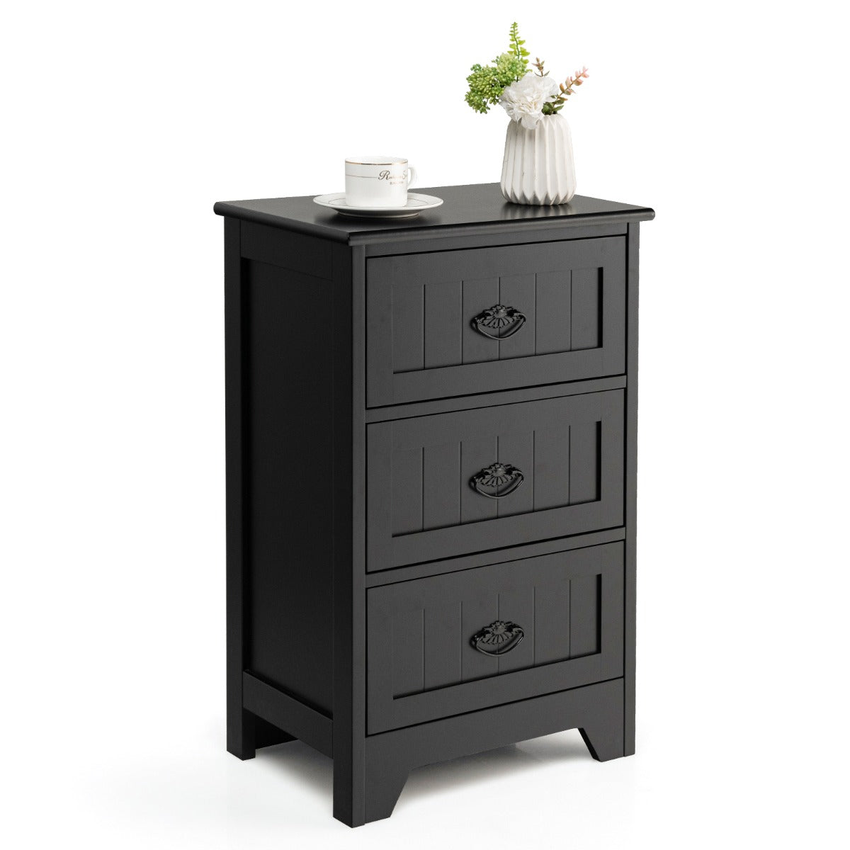 3-Drawer Vintage Bedside Table with Metal Handles &amp;amp;amp; Anti-toppling Device-Black