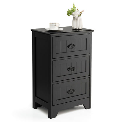 3-Drawer Vintage Bedside Table with Metal Handles &amp;amp;amp; Anti-toppling Device-Black