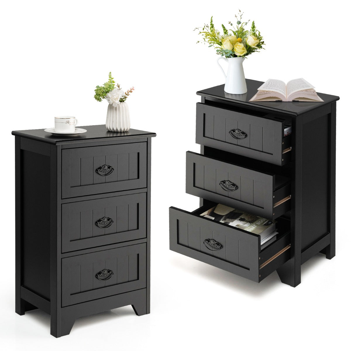 3-Drawer Vintage Bedside Table with Metal Handles &amp;amp;amp; Anti-toppling Device-Black