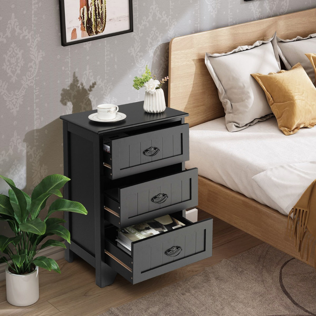 3-Drawer Vintage Bedside Table with Metal Handles &amp;amp;amp; Anti-toppling Device-Black