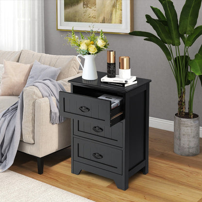 3-Drawer Vintage Bedside Table with Metal Handles &amp;amp;amp; Anti-toppling Device-Black